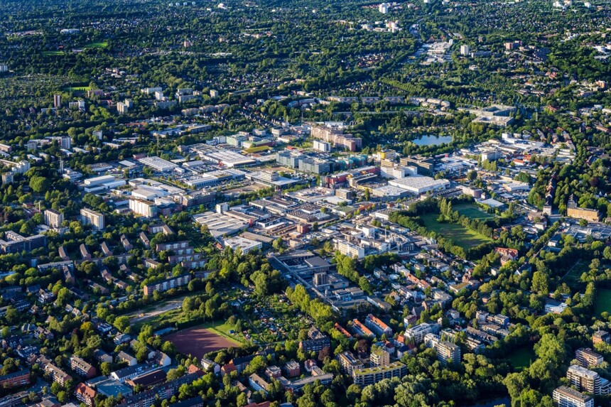 Aerial view of the Friedrich-Ebert-Damm industrial estate