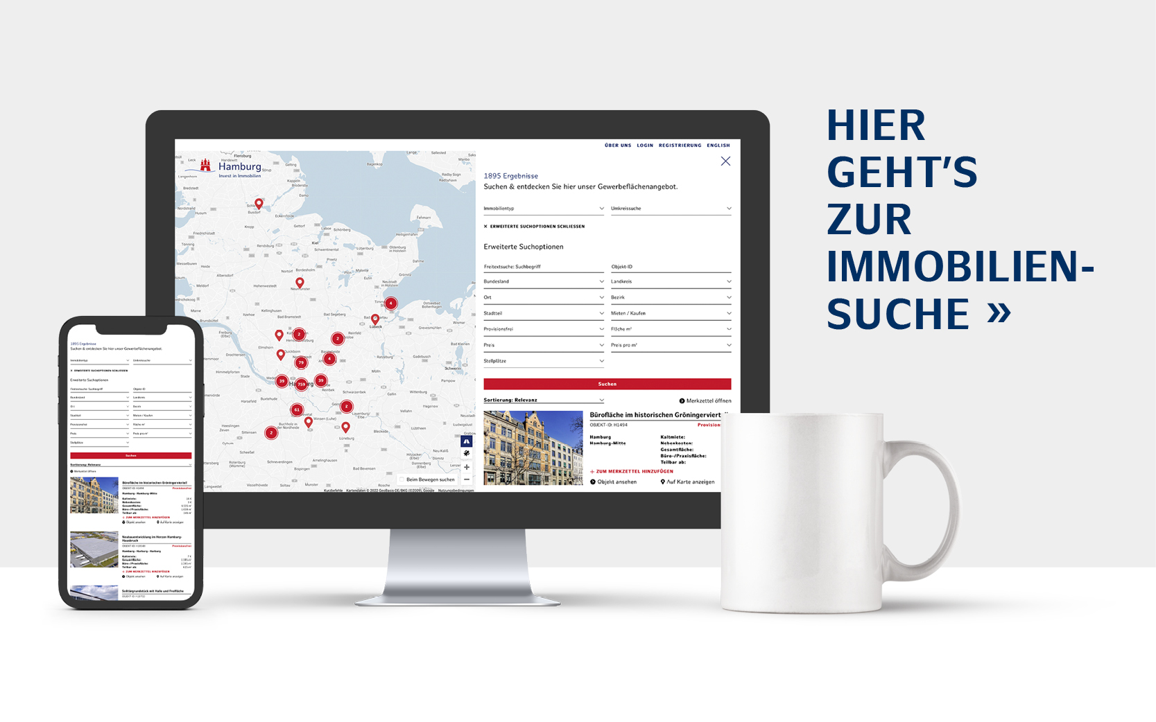 Interaktive Standortkarte zur Suche von Gewerbeimmobilien von Hamburg Invest Immobilien