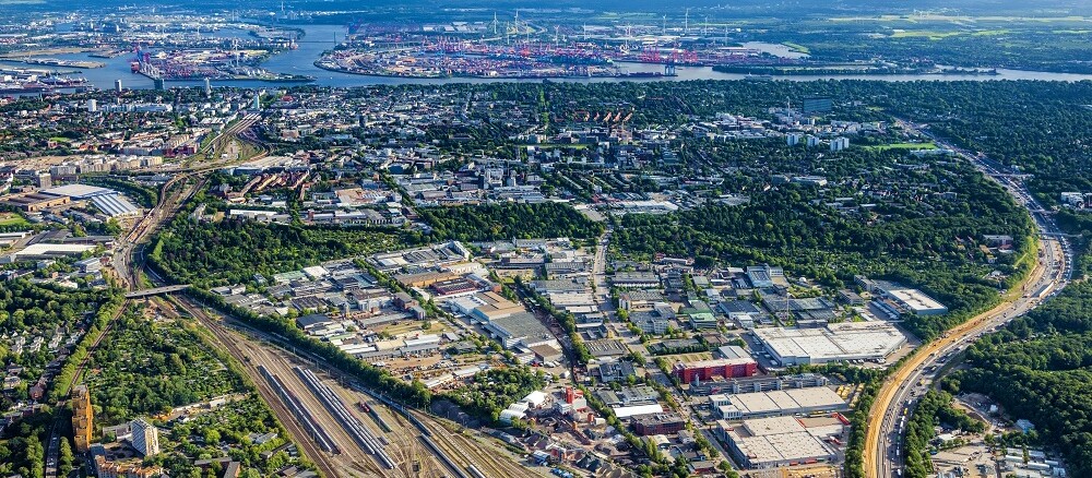 Luftaufnahme Industrie- und Gewerbegebiet Schnackenburgallee