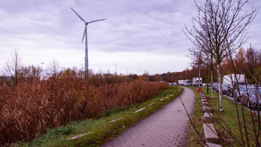 Begrünter Gehweg mit Windrad am Industrie- und Gewerbestandort Obergeorswerder